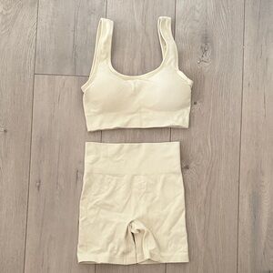 Seamless Ribbed Tank Bralette & High-Waist Bike Shorts Set - Cream